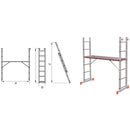 Алуминиево комбинирано мобилно скеле-стълба STS 2x6 с диаграма, показваща различните позиции и функции на стълбата.