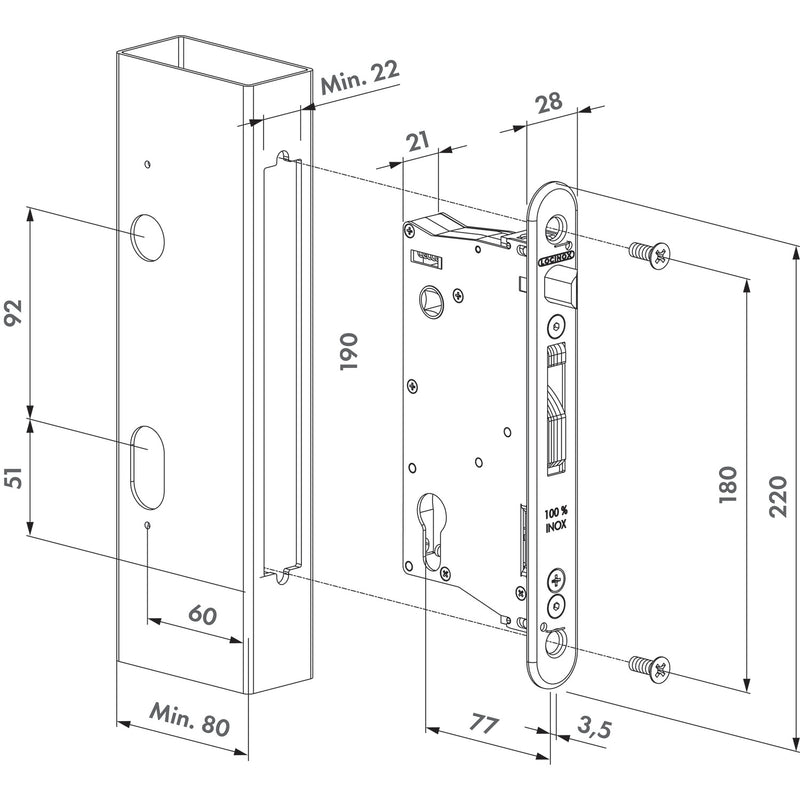 Брава за вграждане Eightylock Locinox за профил с минимална ширина 80 мм.