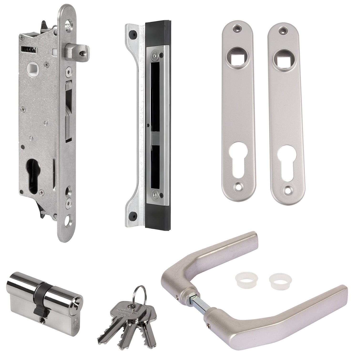 Окомплектована брава за вграждане Fiftylock с дръжки 3006J-H, планка, патрон и насрещник SFKU Locinox