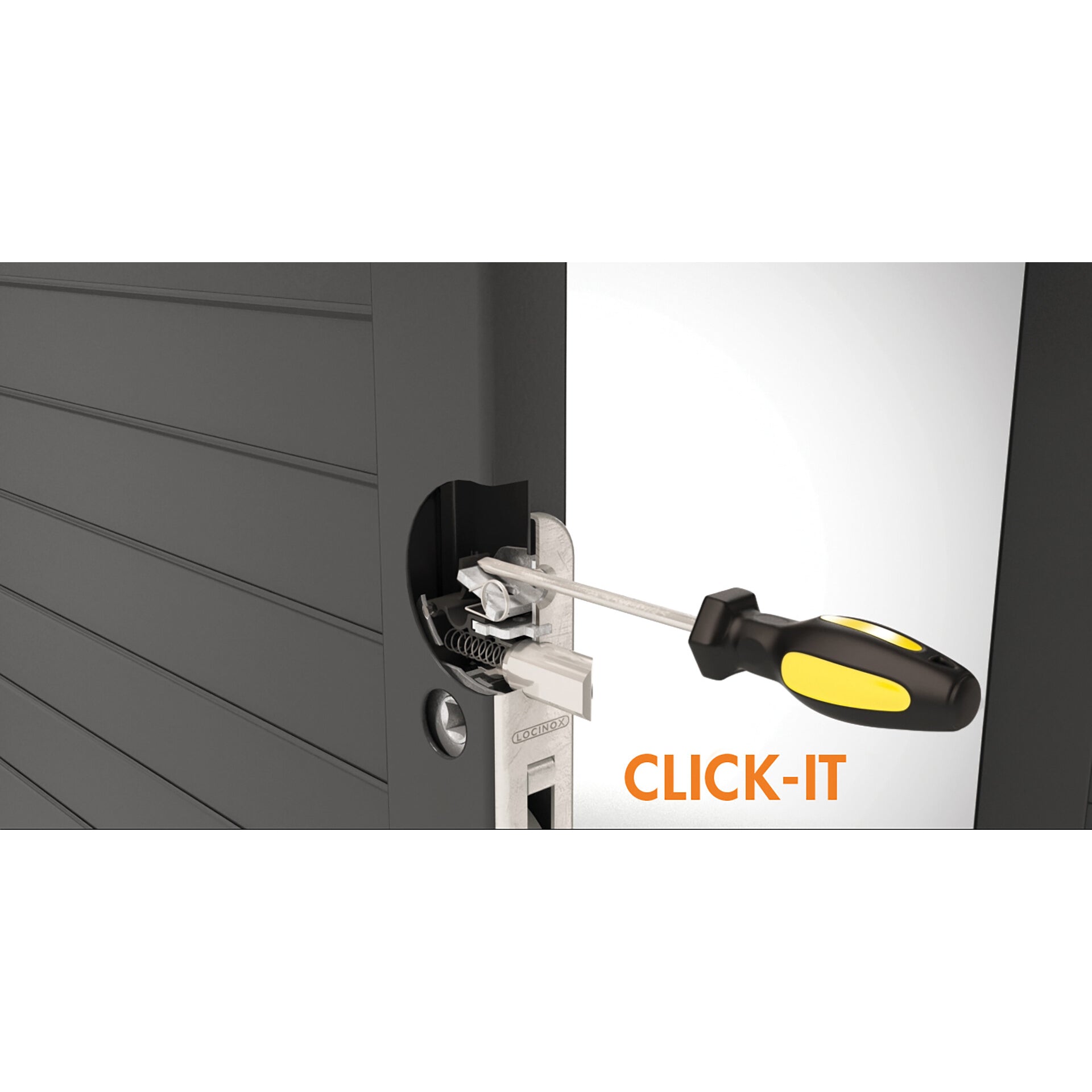 Детайл на брава за вграждане Fortylock с отвертка и логото CLICK-IT.