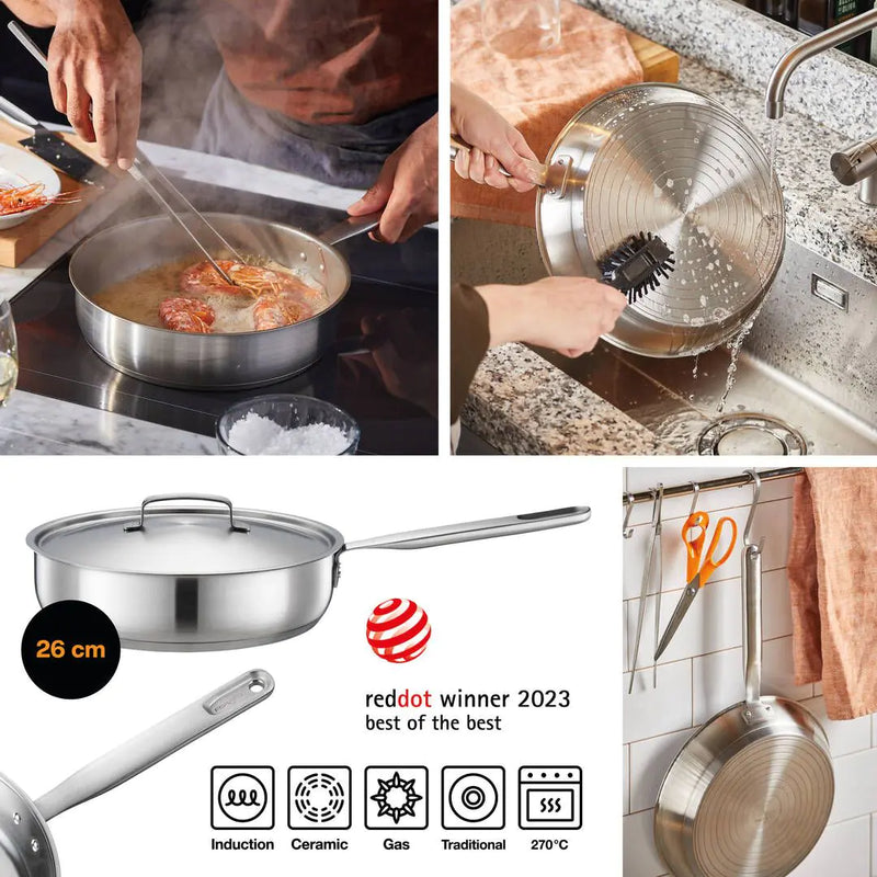 Тиган за сотиране Fiskars All Steel с капак и незалепващо керамично покритие, 26cm