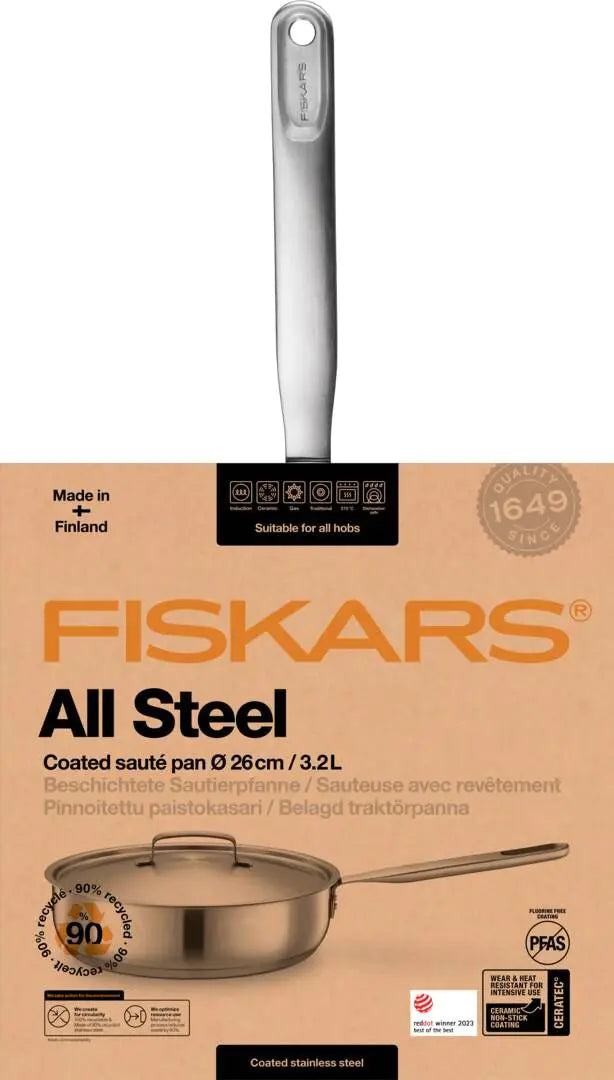 Тиган за сотиране Fiskars All Steel с капак и незалепващо керамично покритие, 26cm