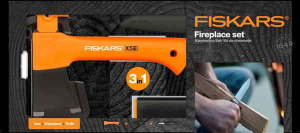 Подаръчен сет Fiskars: брадва за къмпинг X5, универсален нож K40 и точило XSharp™