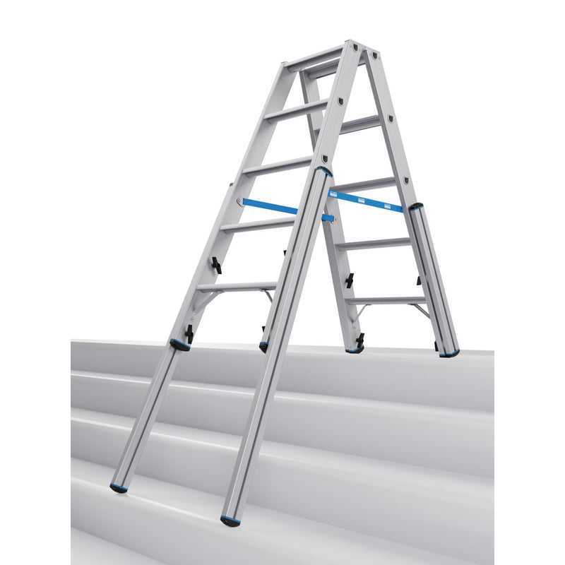 Алуминиева телескопична стълба Krause STABILO 2x5 на стъпала, с 4 удължаващи релси за стабилност и гъвкавост.