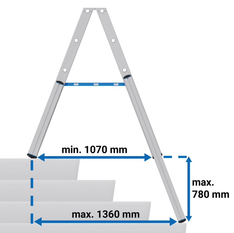 Алуминиева телескопична стълба Krause STABILO 2x5 в разгънато състояние с размери минимална дължина 1070 мм и максимална 1360 мм.