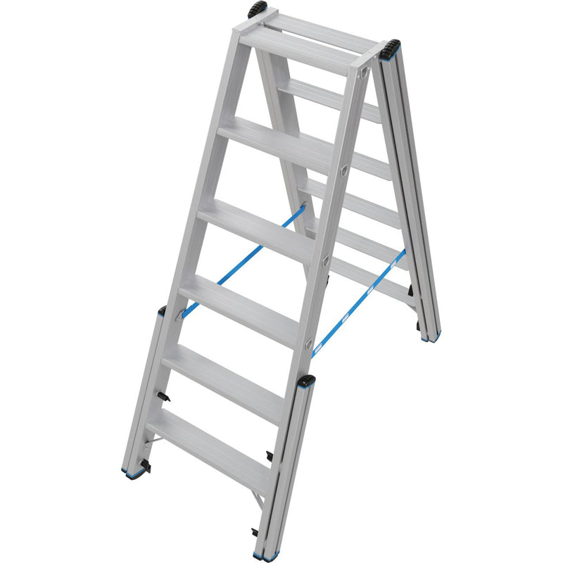 Алуминиева телескопична стълба Krause STABILO с 4 удължаващи релси за професионална употреба на неравни повърхности.