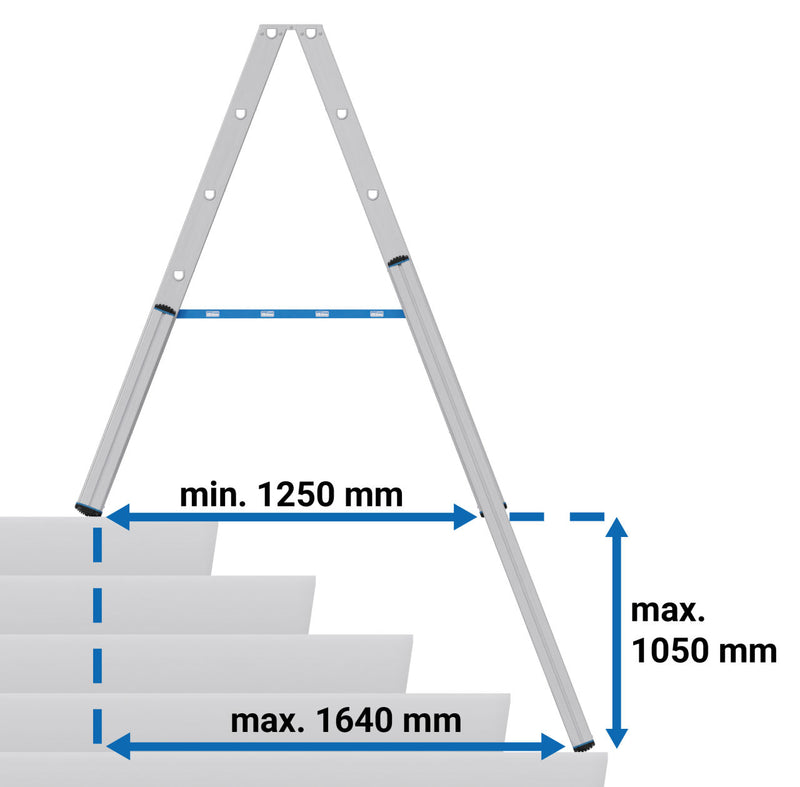 Телескопична алуминиева стълба Krause STABILO на стъпала с размери, показващи гъвкавост за различни височини.