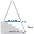 Професионална алуминиева телескопична стълба Krause STABILO на неравна повърхност с размери за ширина и височина.