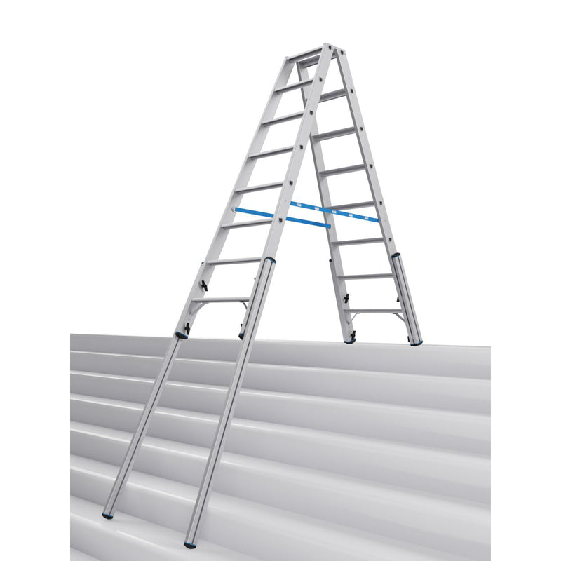 Професионална алуминиева телескопична стълба Krause STABILO 2x8 с четири удължаващи релси за работа на неравни повърхности.