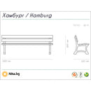 Схема на дървена парковка пейка Хамбург с размери 180x65x80 см и тегло 42 кг.