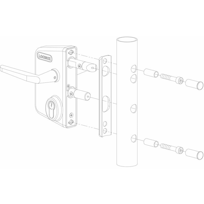 Схема на брава LOCINOX за индустриална врата с кръгъл профил - сив цвят и механизъм от неръждаема стомана.