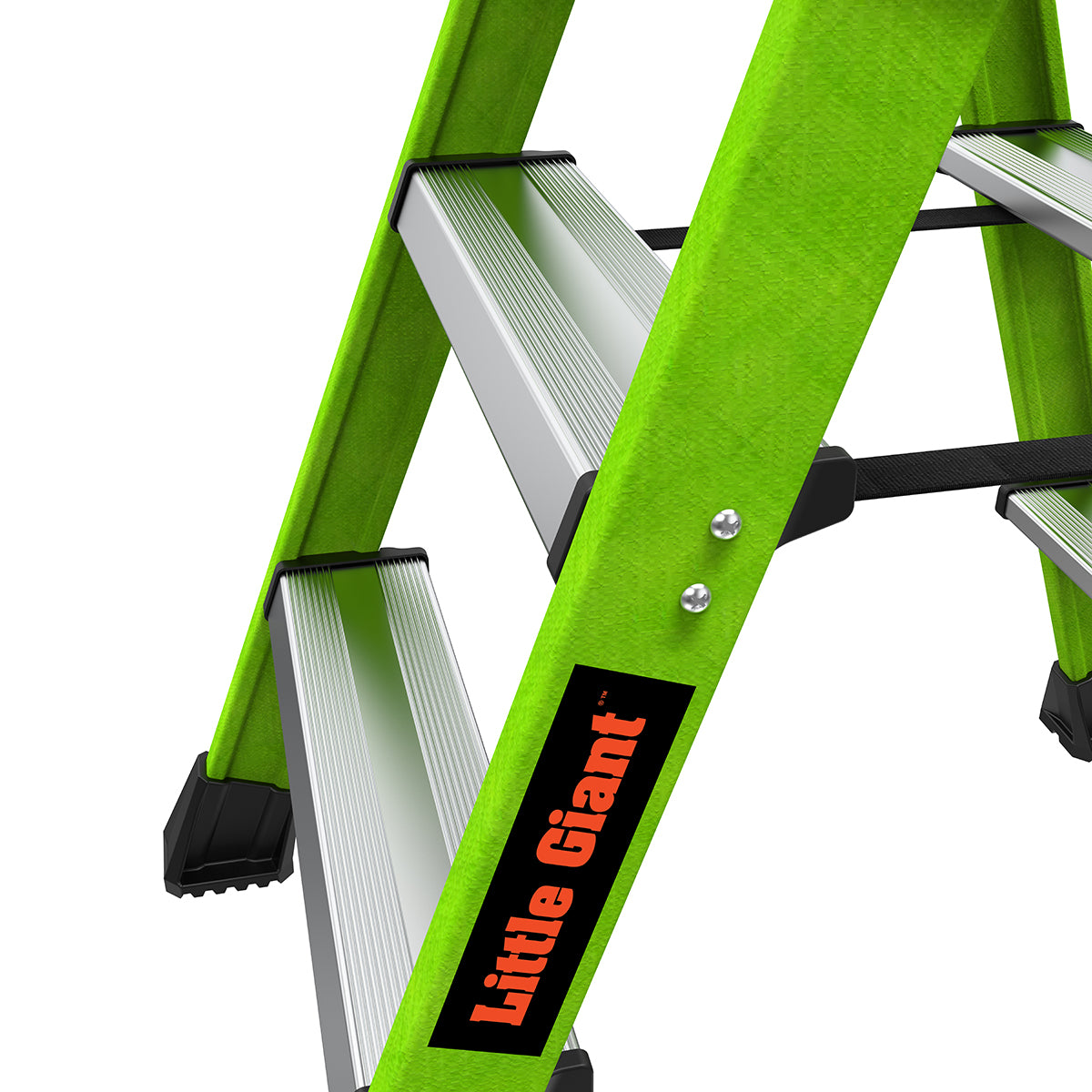 Двустранна стълба от фибростъкло Little Giant Sure Step™ с яркозелен дизайн и стъпала от алуминий.