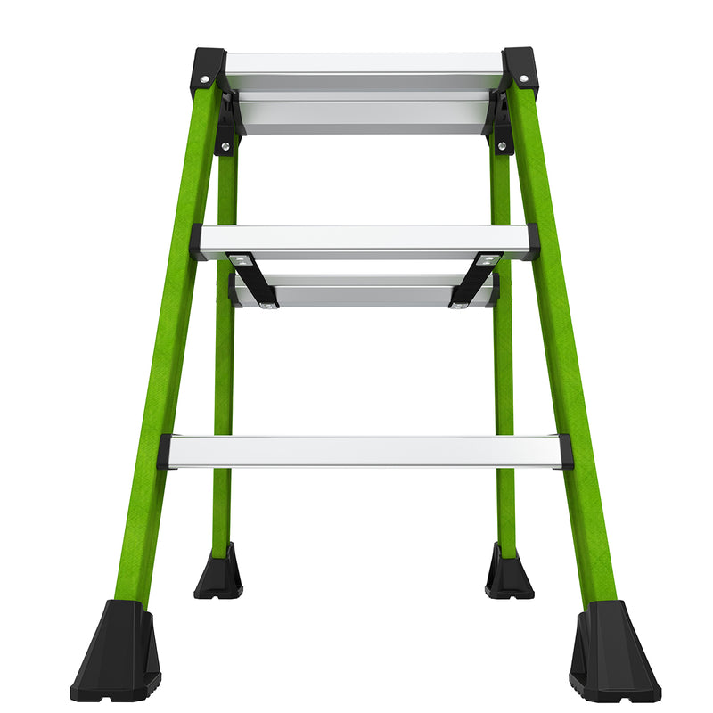 Двустранна стълба от фибростъкло Little Giant Sure Step™ с три стъпала в зелено и сиво.