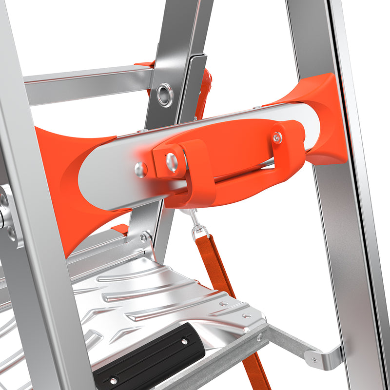 Детайл на дръжка на двустранна телескопична стълба Little Giant Select Step с платформа Air Deck.