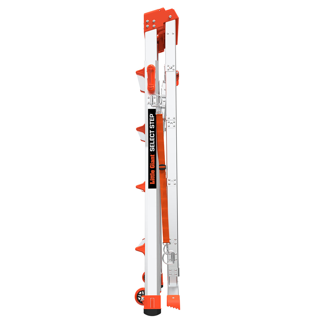 Двустранна телескопична стълба Little Giant Select Step, сгъната, с платформа Air Deck и 4+2 стъпала.