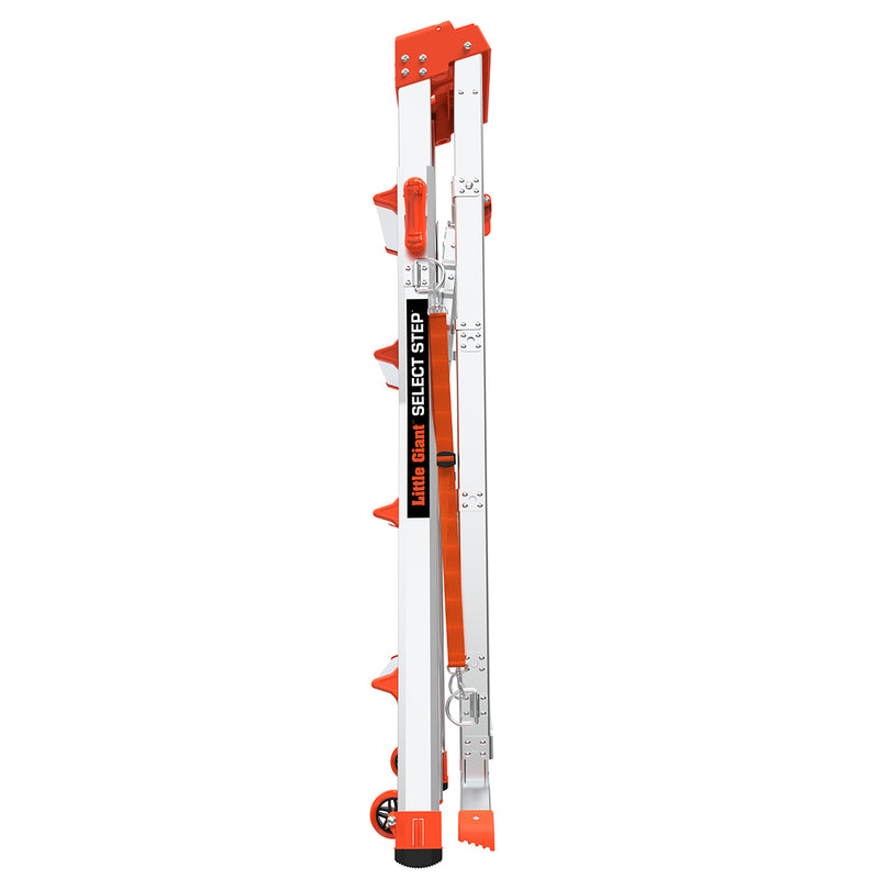 Двустранна телескопична стълба Little Giant Select Step, сгъната, с платформа Air Deck и 4+2 стъпала.