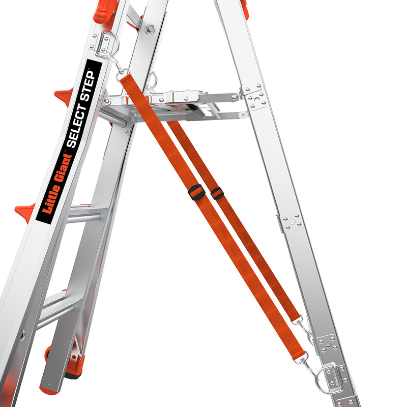 Двустранна алуминиева стълба Little Giant Select Step с платформа Air Deck и регулиращи се опорни ленти.