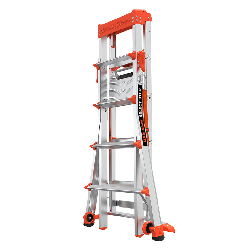 Двустранна телескопична стълба Little Giant Select Step с платформа, 4+2 стъпала, алуминиева и регулируема.