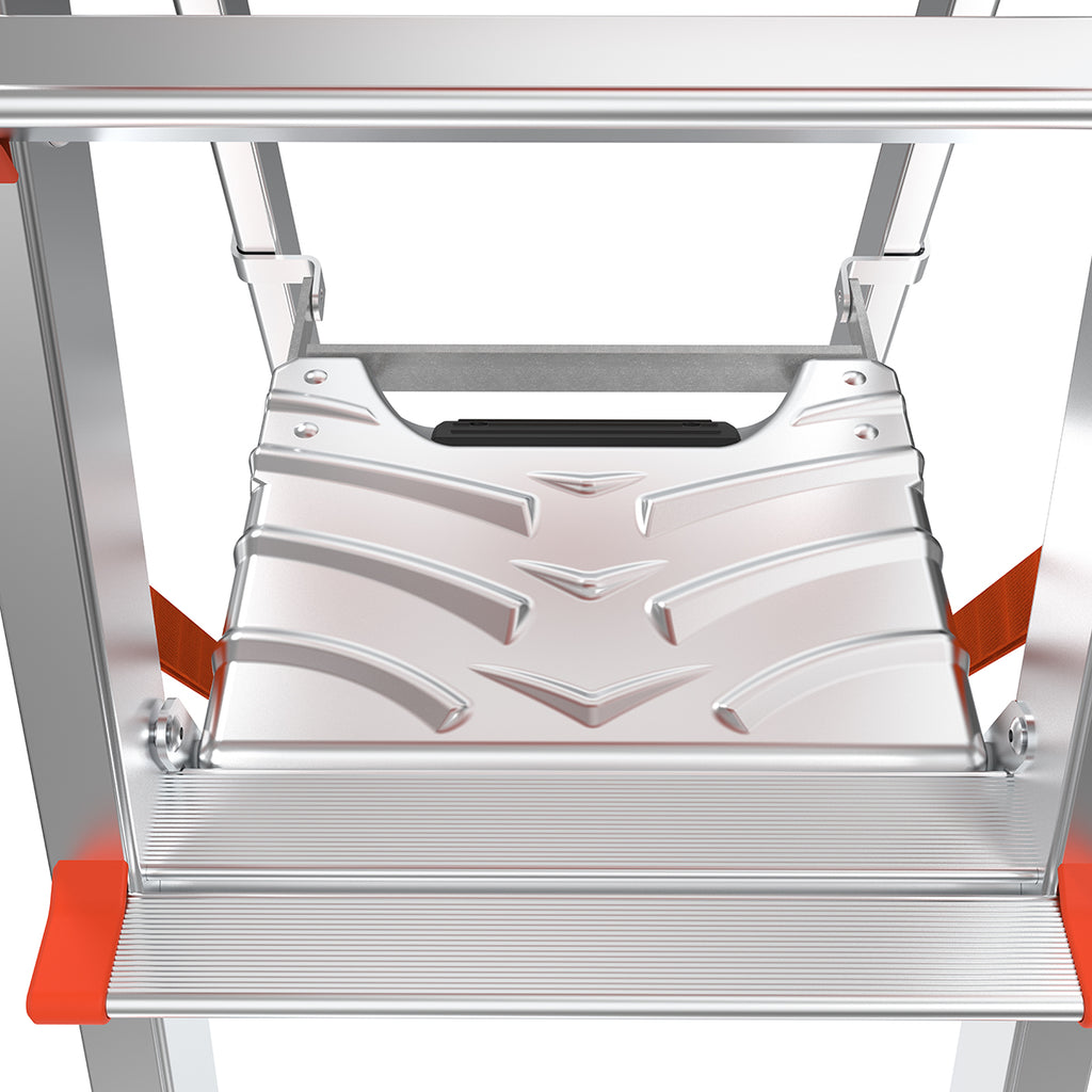 Платформа на двустранна телескопична стълба Little Giant Select Step с противохлъзгаща повърхност за безопасност.