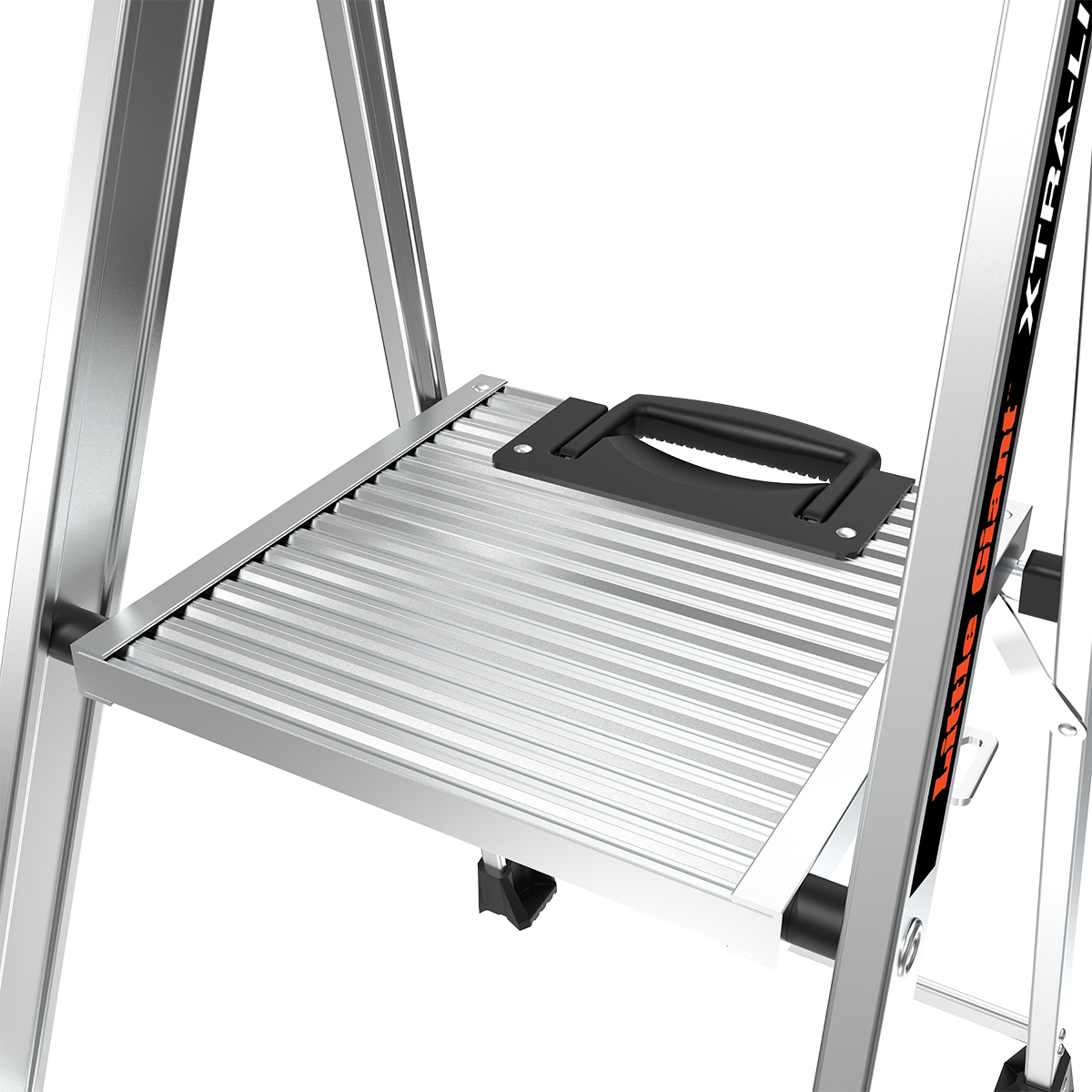 Широка платформа на алуминиева стълба Little Giant Xtra-Lite Plus с дръжка за безопасност.