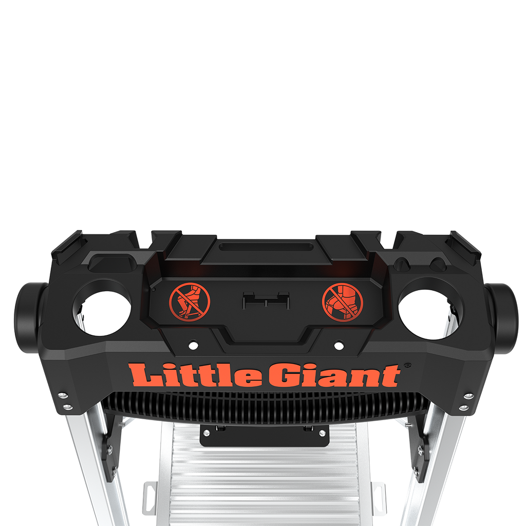 Горна част на алуминиева стълба Little Giant Xtra-Lite Plus с поставка за инструменти и марка.
