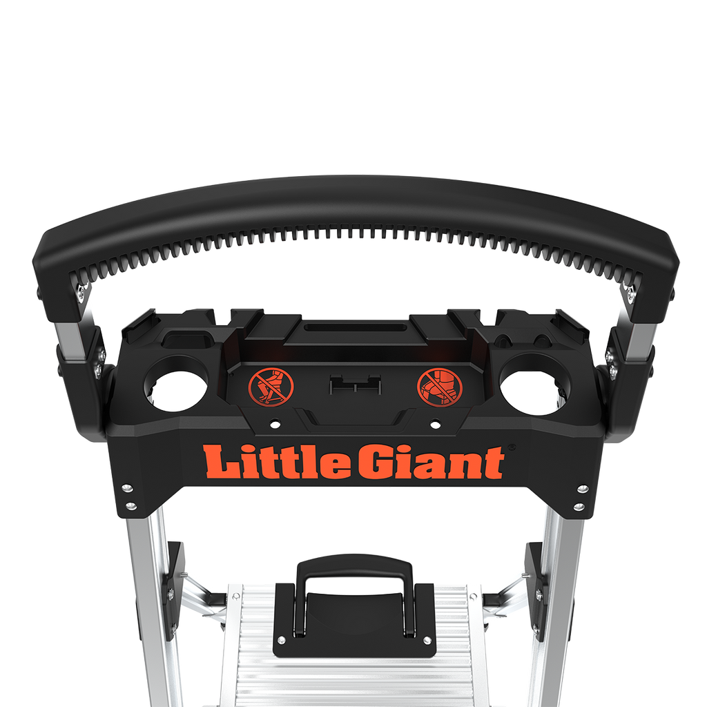 Дръжка на алуминиева стълба Little Giant Xtra-Lite Plus с поставка за инструменти и удобен захват.