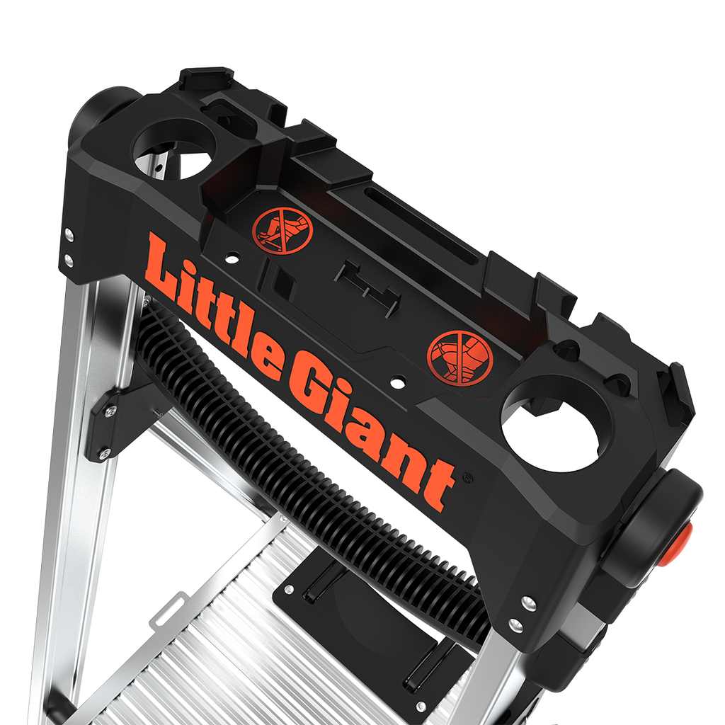 Въртяща дръжка и поставка за инструменти на алуминиева стълба Little Giant Xtra-Lite Plus.