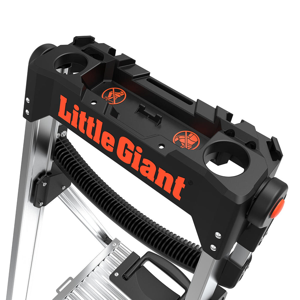 Въртяща се дръжка и поставка за инструменти на алуминиева стълба Little Giant Xtra-Lite Plus.