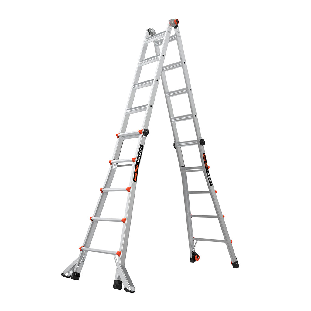 Телескопична алуминиева стълба Little Giant VELOCITY 2.0 в A-образна конфигурация с 4x5 стъпала.