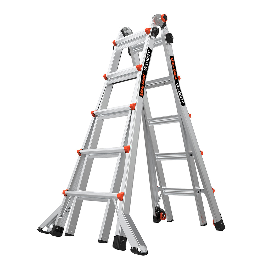 Телескопична алуминиева стълба Little Giant VELOCITY 2.0 с 4x5 стъпала за безопасна работа от двете страни.