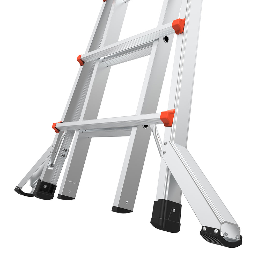 Преден изглед на телескопична алуминиева стълба Little Giant VELOCITY 2.0 с подсилени крака и заключващи механизми.