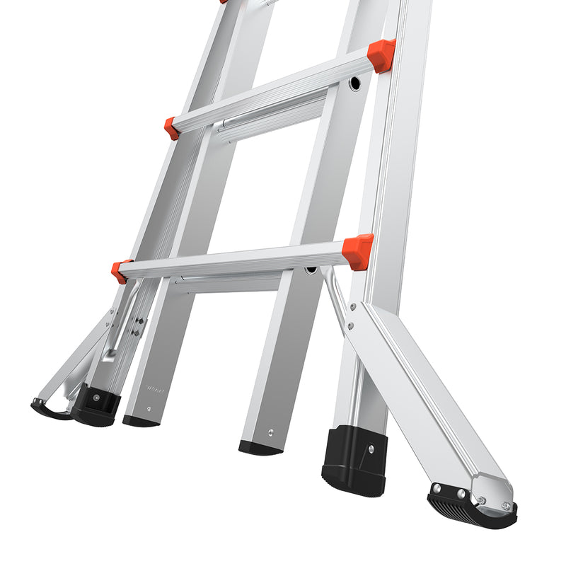 Преден изглед на телескопична алуминиева стълба Little Giant VELOCITY 2.0 с подсилени крака и заключващи механизми.