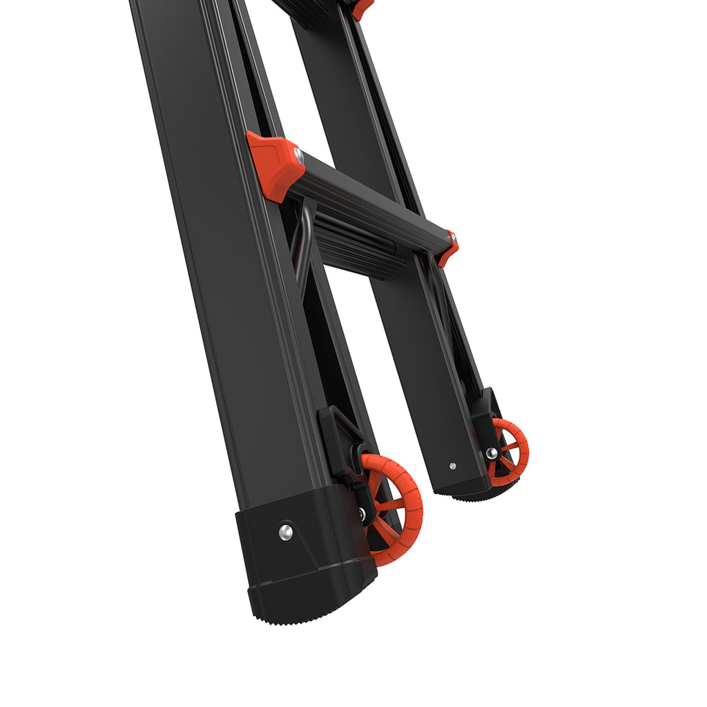 Детайл на основата на телескопична алуминиева стълба Little Giant VELOCITY 2.0 PRO с колела.