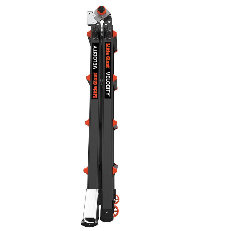 Телескопична алуминиева стълба Little Giant Velocity 2.0 PRO, сгъната, с акценти в червено и черно.