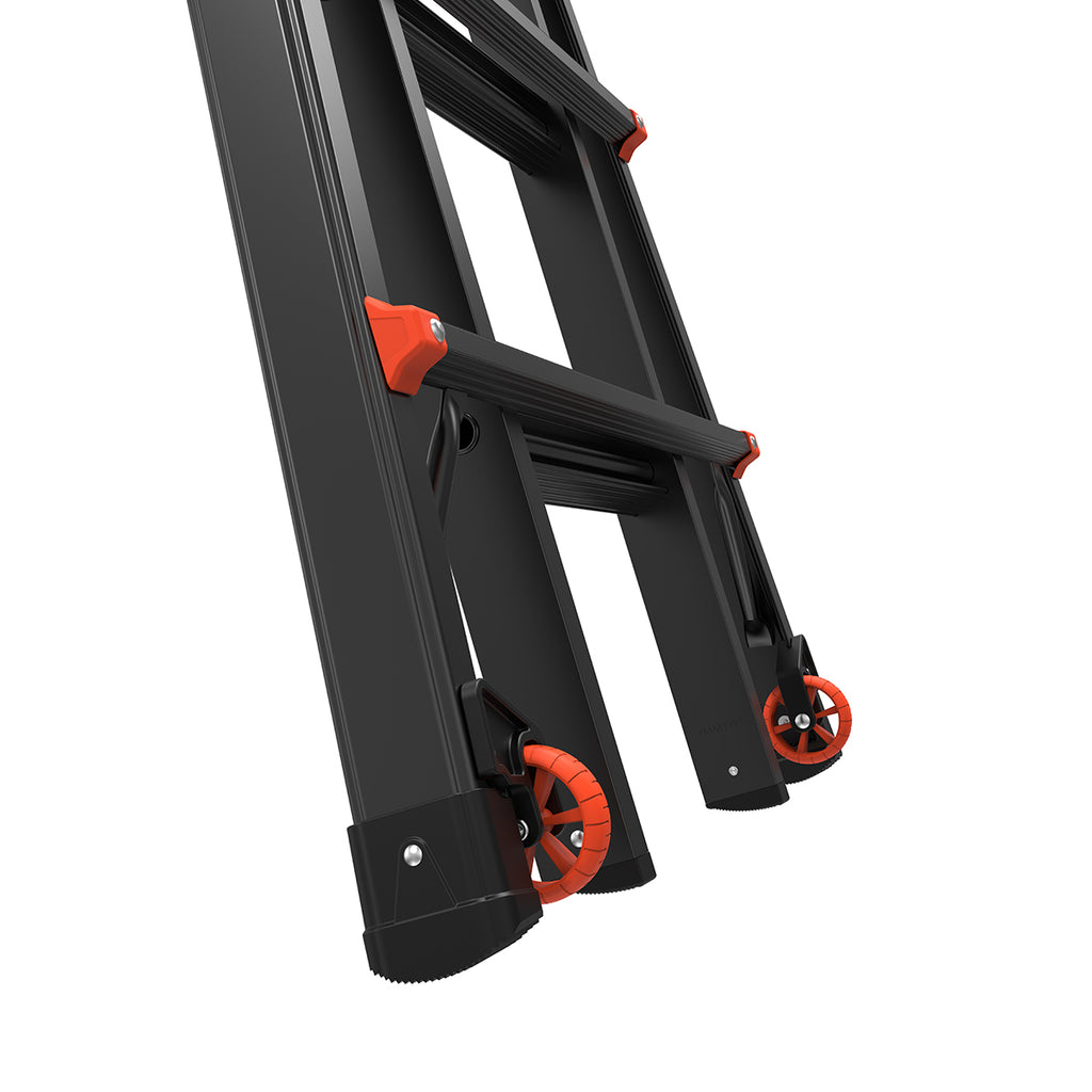 Детайл на телескопична алуминиева стълба Little Giant Velocity PRO с колела и червени акценти.