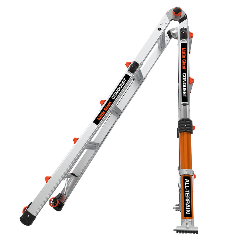 Телескопична алуминиева стълба Little Giant Conquest 2.0 M17 с 4x4 стъпала за всички терени, безопасна и стабилна.