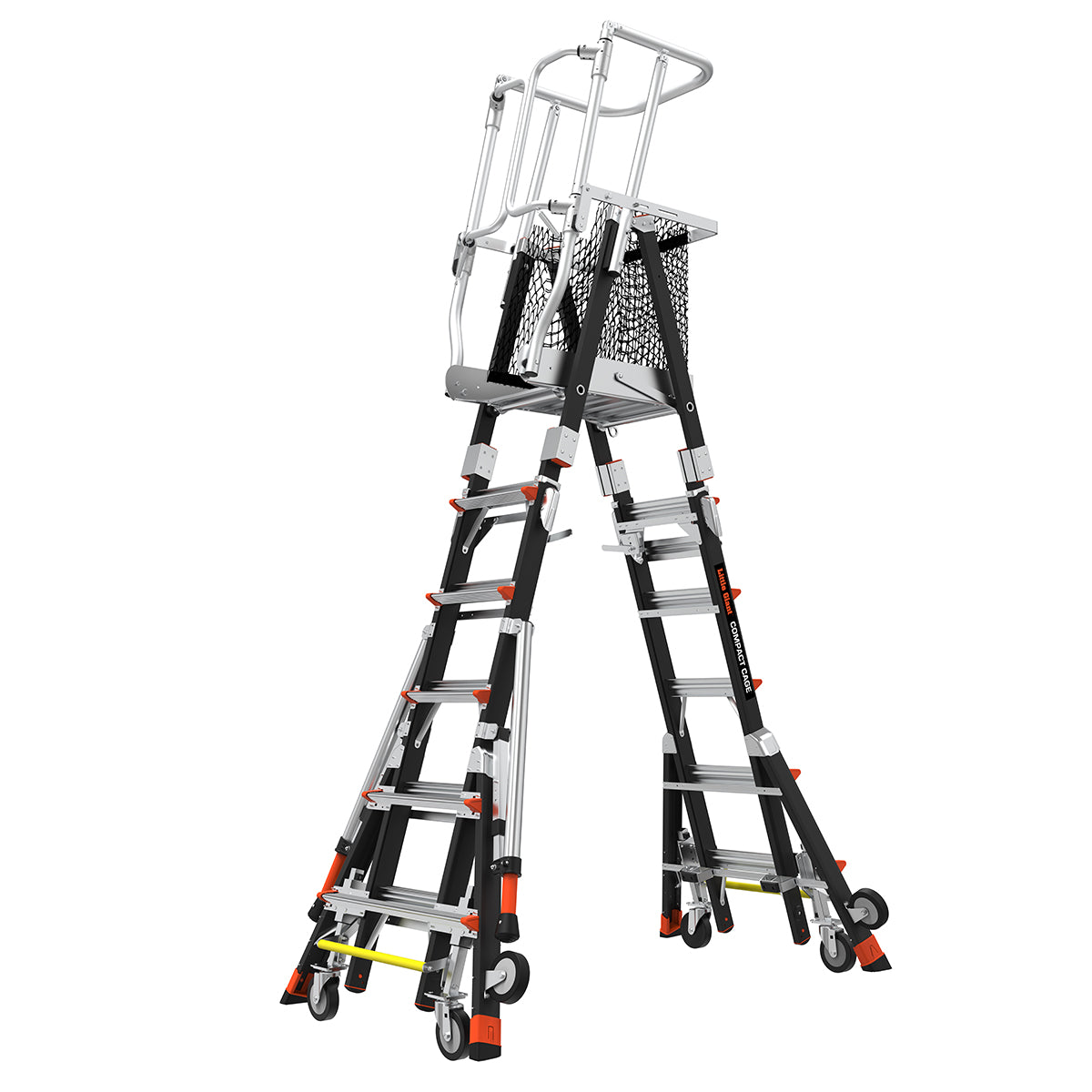 Телескопична стълба от фибростъкло с предпазен кош COMPACT CAGE, работна височина 4.90 м за безопасна работа.