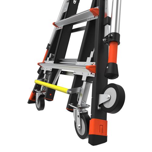 Телескопична стълба от фибростъкло с система Wheel Lift™ и предпазен кош за безопасна работа на височина.