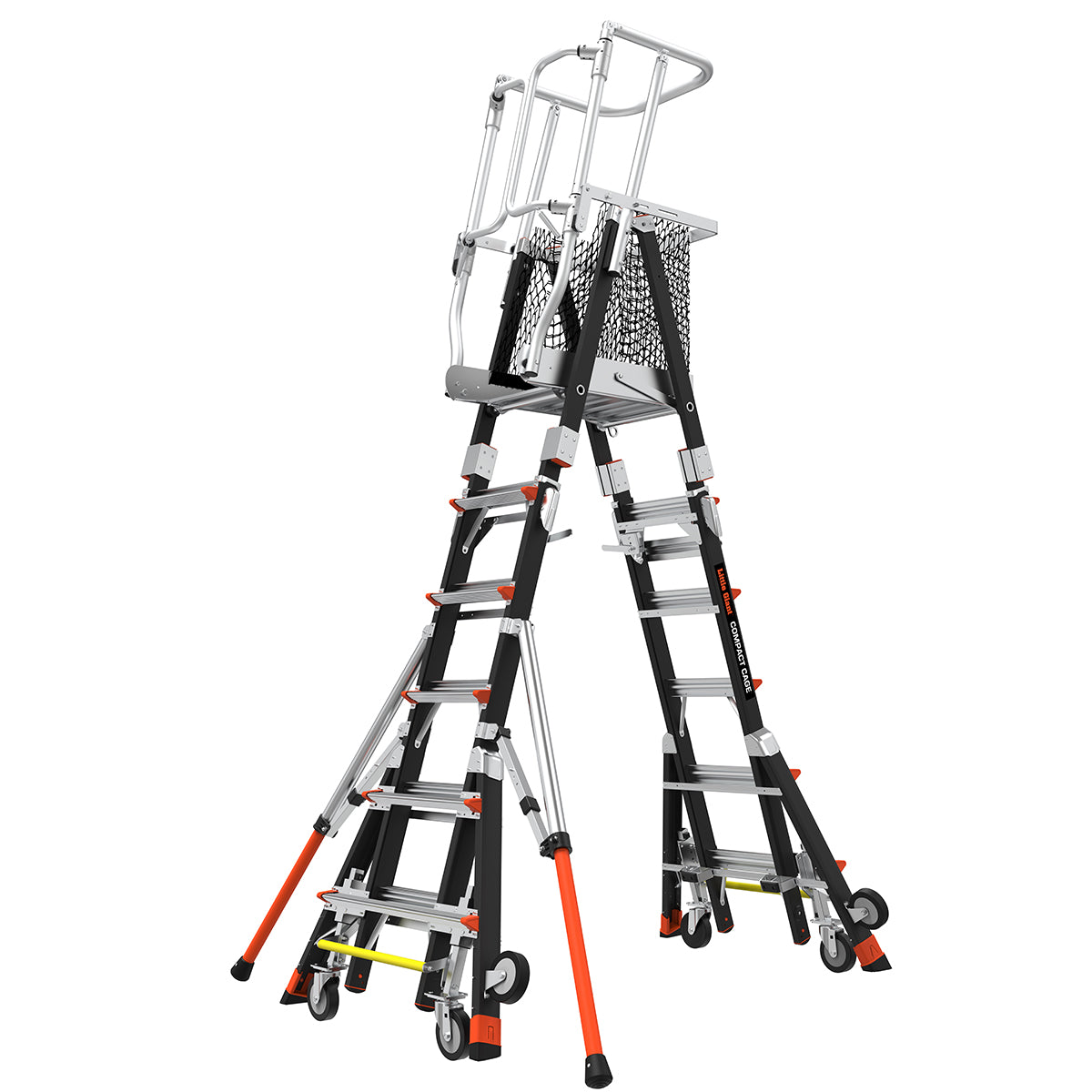 Телескопична стълба от фибростъкло COMPACT CAGE с предпазен кош, работна височина 4.90 метра, безопасност при работа.
