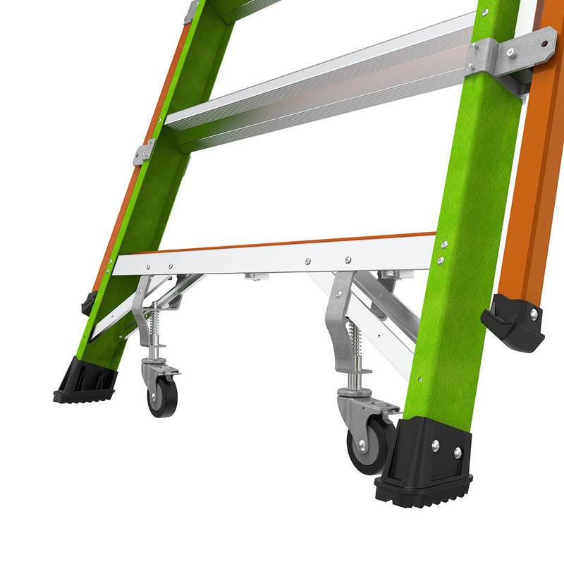 Телескопична стълба от фибростъкло с предпазен кош Safety Cage и колела за лесно движение.
