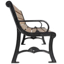 Дървена парковка пейка с чугунени крачета, страничен изглед, елегантен дизайн и източен стил.