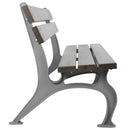 Дървена градинска пейка с чугунени крака, елегантен дизайн и удобни сектори за сядане.