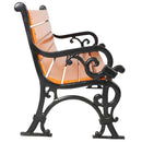 Дървена пейка с метална конструкция в черно и дървени с неоново оранжеви седалки отстрани.