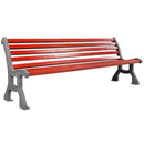 Дървена градинска пейка в червен цвят с чугунени крака, идеална за външни пространства.