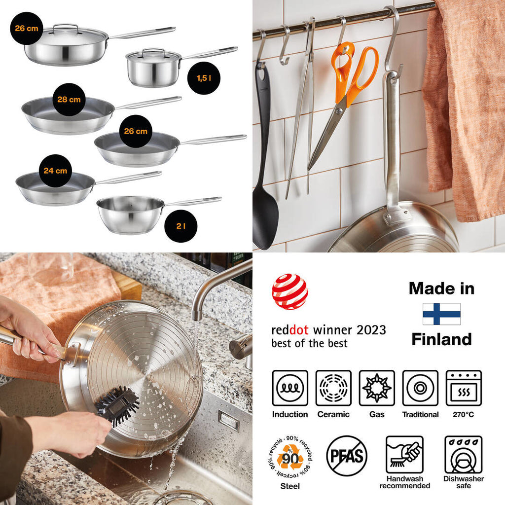 Касерола Fiskars All Steel, 1.5 литра с капак и дълга дръжка, неръждаема стомана, подходяща за всички котлони