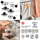 Тиган за пържене Fiskars All Steel с незалепващо керамично покритие, 24 см. - комплект неръждаеми тигани, показани в кухня, миене и икони за характеристики