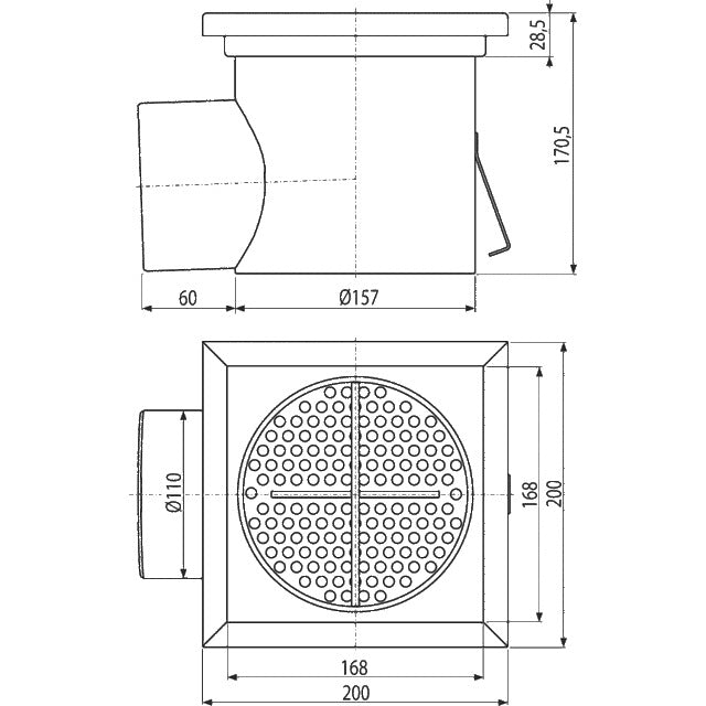Индустристриален сифон 200×200, DN110, странич.оттич. AISI 304 неръждаема стомана