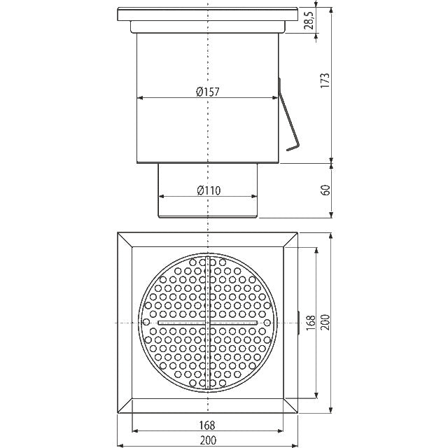 Индустристриален сифон 200×200, DN110, вертик.оттич. AISI 304 неръждаема стомана