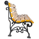 Дървена градинска пейка с чугунена основа, удобна за отдих и разговори на открито.