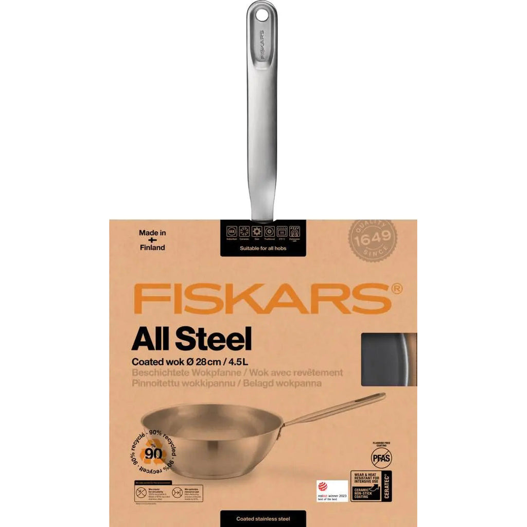 Уок тиган Fiskars All Steel с незалепващо керамично покритие, 28cm - Nika.bg